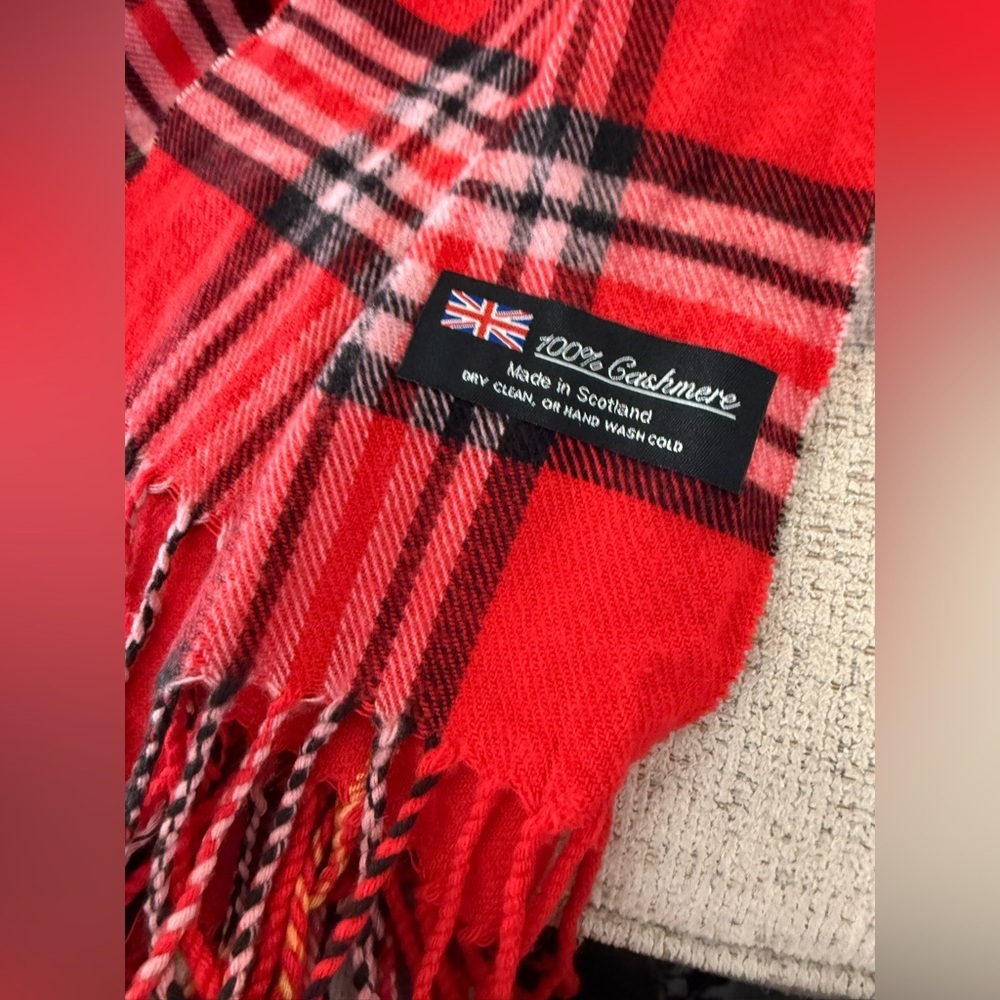 Orange Red 💯 Cashmere Made in Scotland Plaid Cashmere Scarf